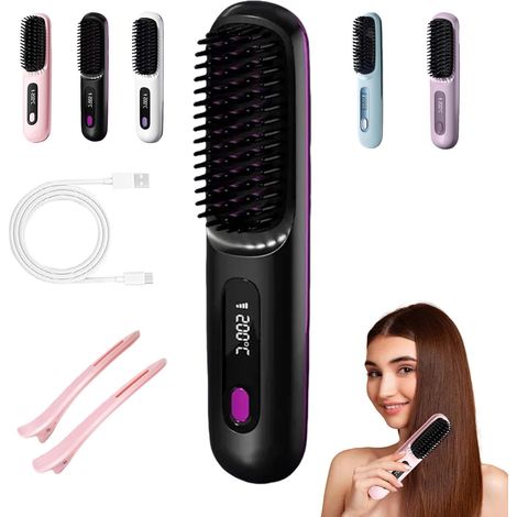 Cepillo Cocoony para cabello corto, cepillo alisador portátil recargable con pantalla LCD, 3 niveles de temperatura, calentamiento rápido en 20 segundos, ideal para el peinado diario y para viajes (ne (1/5)