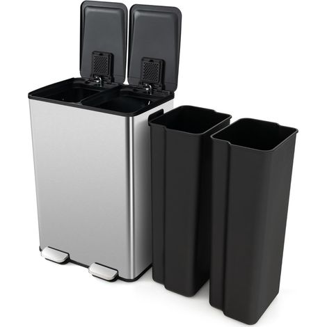 Pattumiera a doppio scomparto set da 1 48 x 38 x 67 cm chiusura ammortizzata e silenziosa design moderno in acciaio inox argentato 200019376