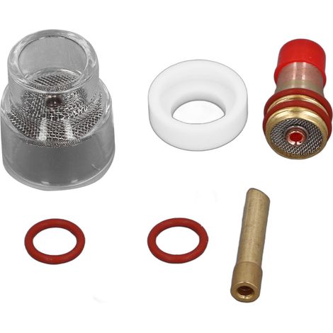 6-teiliges Zubehörset für WIG-Brenner: Glas, Spannzange, Gehäuse, Spannfutter, Gummidichtung, Keramikring für 17-, 18- und 26-mm-Brenner mit 2,4-mm-Glasbecher. (1/5)
