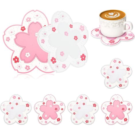 CSPARKV Silicone Coasters for Drinks, 6 Pack Cute Non-Slip Washable Drink Coasters (Pink and White Sakura Pattern) (1/4)