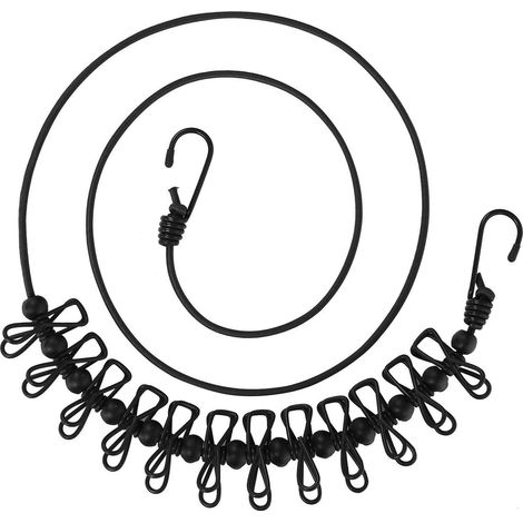 Corde à linge coupe-vent noire de 11 pieds avec 12 pinces noires, corde à linge réglable (noir) (1/5)