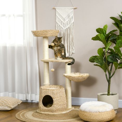 PawHut Katzenbaum, Kletterbaum, Kratzbaum für Katzen, 119 cm hoch, verstärkte Säulen mit Höhle, Hängematte und 2 Hängebällen