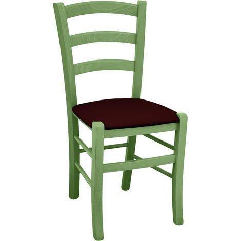 Silla de madera Venezia verde con asiento en piel sintética marrón