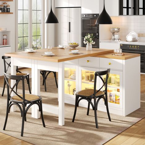 Table de cuisine extensible roulante blanc 120-200 cm avec éclairage LED, 3 tiroirs, portes verre et pilotable par application