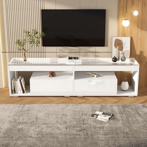 Meuble TV LED 180 cm blanc brillant, pour TV jusqu’à 70 pouces, 2 tiroirs, étagères en verre trempé, rangements, télécommande (1/5)