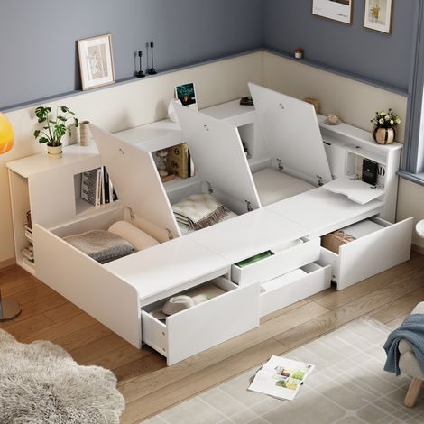 MEUBLIV Lit enfant multifonction 90 x 200 cm avec 4 tiroirs étagères de rangement et armoires de rangement blanc en MDF (1/5)