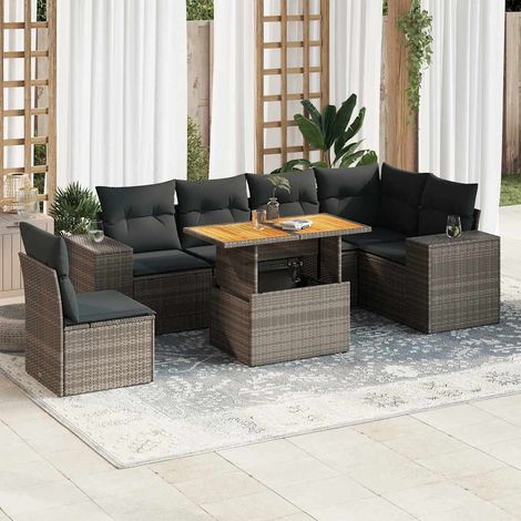 Set de sofás de jardín 7 pzas con cojines ratán sintético gris vidaXL (1/5)