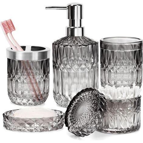Ensemble d'accessoires de Salle de Bain 5 pièces,Décoration de Bain Moderne, Distributeur de Savon Moderne, Porte-Savon, Porte-Brosse à Dents, bidon de Cotons-tiges, gobelet, Dégradé de Gris (1/5)