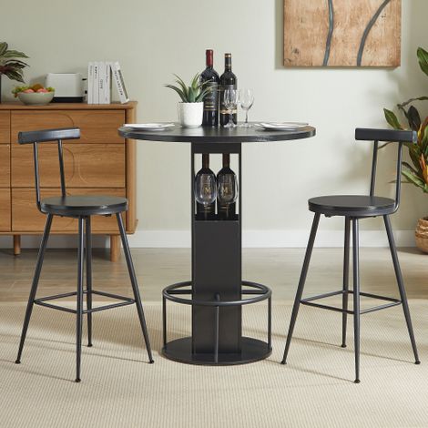 Ensemble table de bar et tabourets 3 pièces – Table ronde de 31,5 pouces avec deux tabourets – Table à manger en bois avec repose-pieds en métal – Idéal pour salles à manger, cafés, bars, salons, etc.