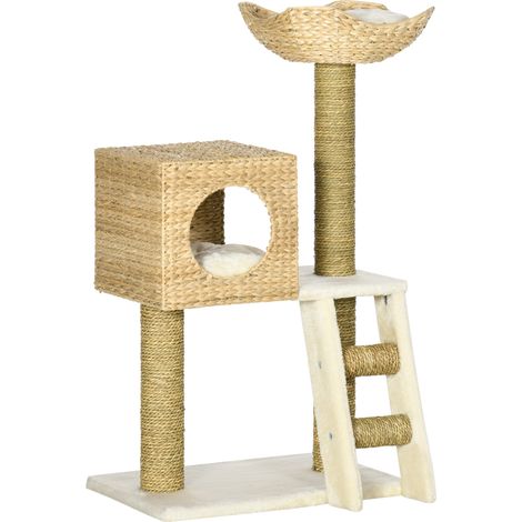 Árbol rascador para gatos 100,5 cm con casita, cama, escalera y postes de sisal, natural (1/5)
