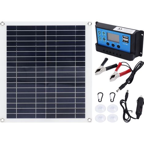 Kit Solaire 100W Portable avec Panneau Photovoltaïque 20W Pliable, Chargeur 100A pour Téléphone et Voiture en Extérieur