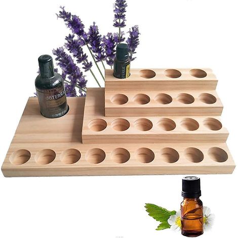 Présentoir à huiles essentielles en bois à 4 niveaux - Support de rangement et présentoir en pin dur naturel à 24 emplacements - Peut contenir jusqu'à 24 flacons d'aromathérapie (1/5)