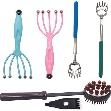 Pieces Scalp Massager + 2 Pieces Stainless Steel Telescopic Back Scratcher + 1 Piece Hammered Massager, for Men and Women, for Scratching the Back and Head (5 pieces) (1/5)
