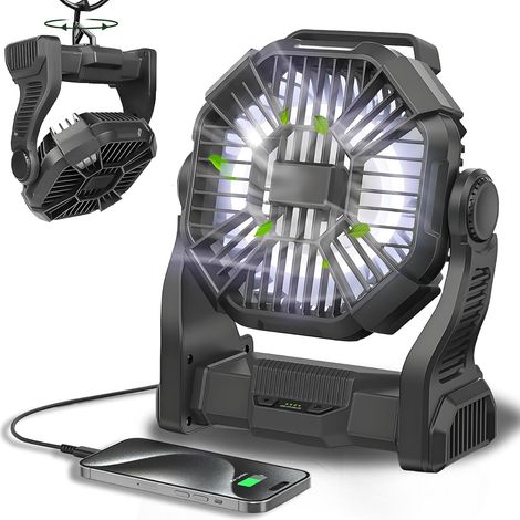 Batterie 10 000 mAh - Avec lanterne LED - Chargement USB-C - Ventilateur portable rechargeable noir - Sans fil - Idéal pour le camping, la pêche, la plage, le bureau et la maison (1/4)