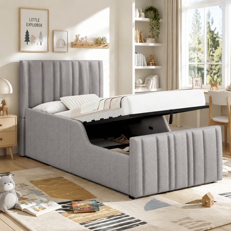Lit coffre enfant 90x200 cm avec rangement hydraulique, sommier à lattes, tête rembourrée, tissu lin, gris (1/5)
