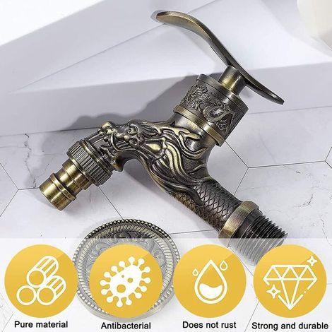 Robinet Mural RéTro en Laiton, Robinet Exterieur Jardin G1/2, Robinet en Laiton Antique, Robinet Mural Vintage, Antique Cuivre Dragon Sculpté Robinet pour Cuisine Bain Jardin (1/4)