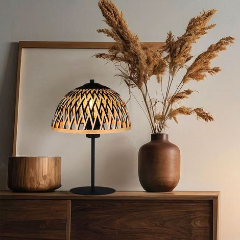 Tischleuchte Bambus Beistelllampe schwarz Wohnzimmerleuchte Retro Schreibtischlampe, Metall naturfarben, 1x E27 Fassungen, DxH 25x37 cm