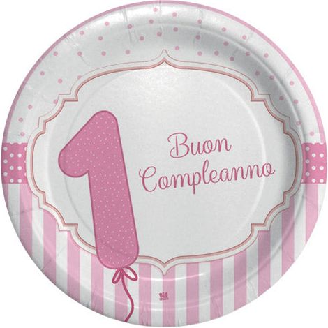 Big Party Piatti Carta Buon Primo Compleanno D 18 Cm Cf 8 Pz Rosa