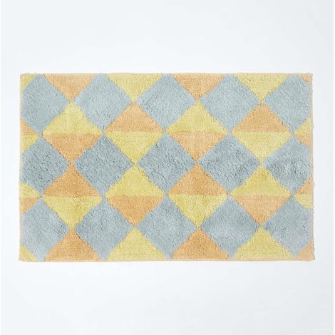 HOMESCAPES Harlequin Pattern Yellow and Grey Cotton Bath Mat - Yellow - Yellow