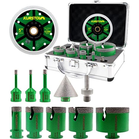 Foret Diamant Carrelage Kit 11 pièces - 6/6/8/20/35/40/50/68mm+50mm Chanfrein+125mm Disque Diamant Carrelage+Adaptateur pour Porcelaine Céramique Granit Marbre (1/5)