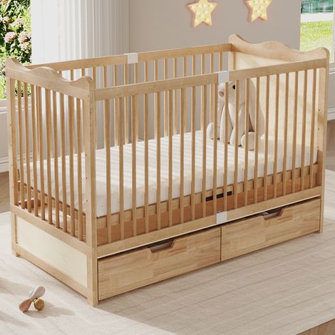 Lit bébé à barreaux 70x140 cm en pin massif naturel, sommier réglable 4 hauteurs, 2 tiroirs sur roulettes, bords arrondis, tête ondulée (1/5)