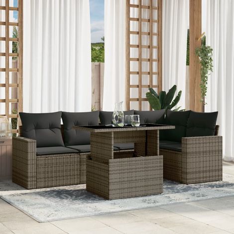 Ensemble salon de jardin 6 places gris résine tressée, table relevable et coussins amovibles (1/5)