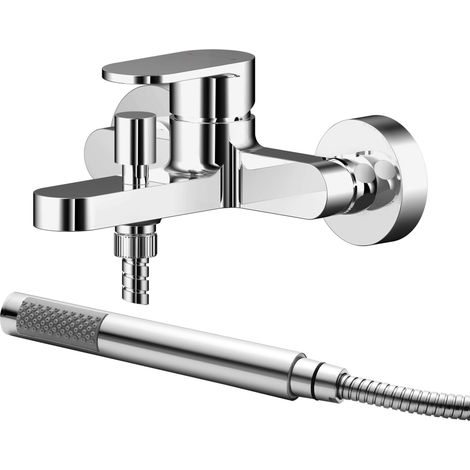 Balterley Enville Modern Wall Mount Round Bath Shower Mixer Tap with Flat Spout & Shower Kit - Chrome Finish