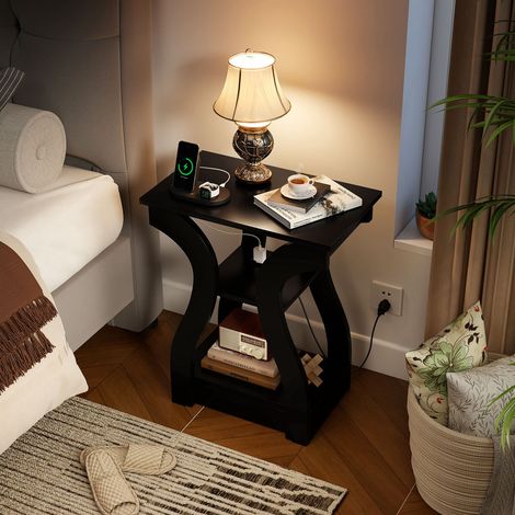 Lot de 2 tables d'appoint noires à 3 niveaux avec station de recharge USB et pieds antidérapants pour salon et chambre (1/5)