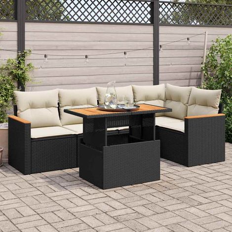Salon de jardin 6 pièces modulable noir en résine tressée avec bois d’acacia et coussins - PANGIVO (1/5)