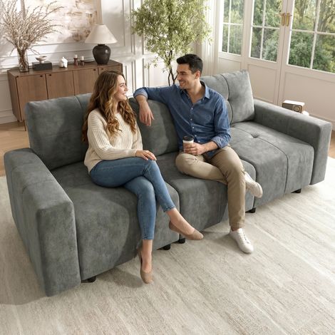 213 cm 3sitziges modulares Sofa zum Sitzen und Liegen, mit Schlaffunktion, großzügige Sitztiefe von bis zu 68 cm, verstellbare Sitztiefe, ChenilleStoff, kompaktes gerades Sofa