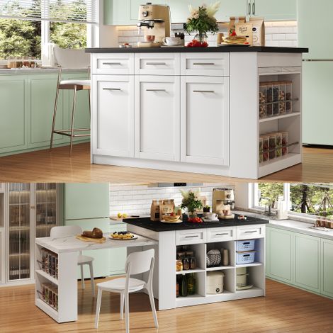Îlot central cuisine extensible avec table escamotable 150 cm, meuble de rangement cuisine blanc avec plateau effet marbre noir, tiroirs et étagères réglables (1/5)