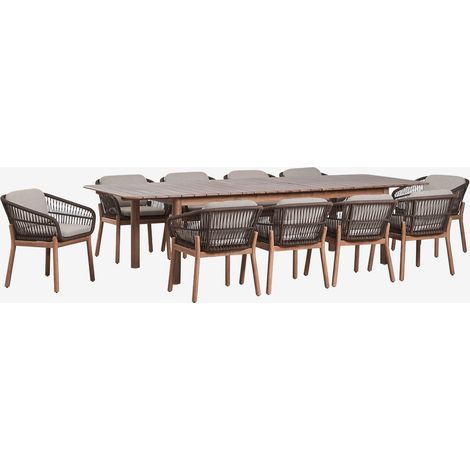 Set de table rectangulaire extensible Duala 250-310x105 cm et 10 chaises de salle à manger en bois d'acacia et corde tressée Kar SKLUM