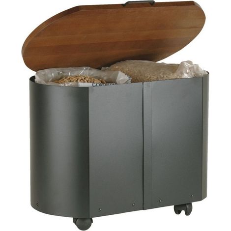Schwarze Pellettruhe mit Holzdeckel - Design Pelletskorb Pelletbehälter mobil