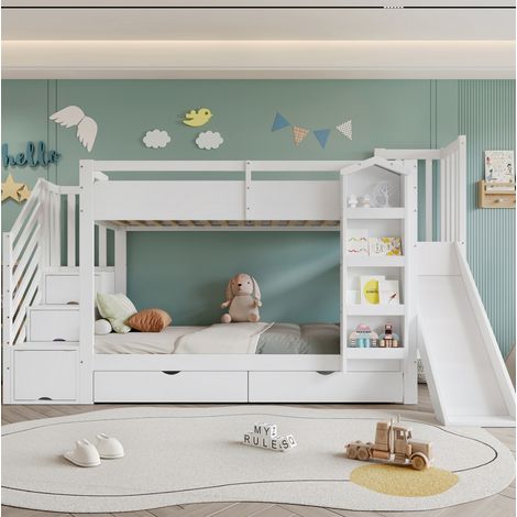 Litera infantil 90x200 cm blanca de madera maciza y MDF con tobogán y almacenaje (1/5)