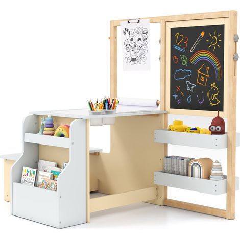 Table d activités enfant blanche avec chevalet réglable double face, banc et rangements pour chambre, salle de jeux et école (1/5)