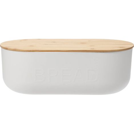 Weißer Brotkasten aus Kunststoff, Bambusdeckel, 35 x 19 x 12 cm