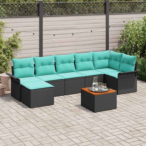 vidaXL Ensemble de canapé de jardin 8 pcs Noir et turquoise polyrotin (1/5)