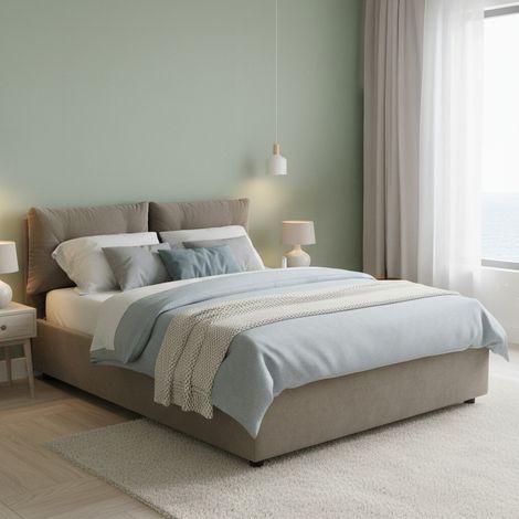 Dmora - Cama matrimonial Dcit, Cama contenedor con revestimiento de tela, 100% Made in Italy, Apertura frontal, adecuado para colchón 160x190 cm, Tórtola (1/5)