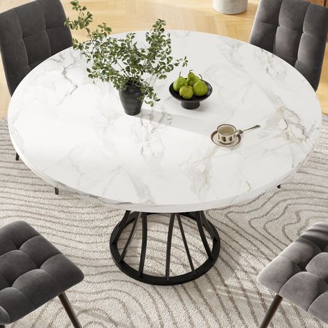 Table à manger ronde 80 cm effet marbre, pieds noirs, design moderne pour 4 personnes