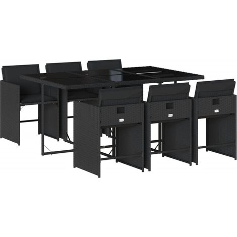 7-tlg. Garten-Essgruppe mit Kissen Schwarz Poly Rattan vidaXL