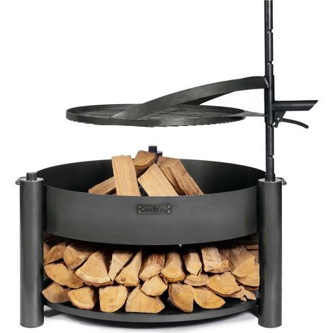 Braséro de jardin en acier brut 80 cm – Grille de cuisson réglable 60 cm – Bûcher intégré pour bois – Hauteur 110 cm (1/8)