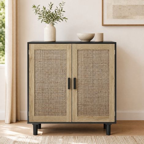 Buffet 80x40x88 cm en bois et rotin noir, avec rangement pour salon et entrée FloraGrace (1/5)