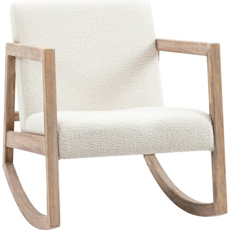 HOMCOM Schaukelstuhl zum Stillen, bezogen mit Bouclé-Wollstoff, Beine aus massivem Gummibaumholz, Schaukelstuhl für Schlaf- oder Wohnzimmer – 60 x 81 x 71 cm, cremeweiß
