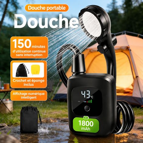 Douche de camping portable électrique noire avec batterie 2400 mAh, pommeau rond et arrêt d'eau, serviette exfoliante incluse, 1 kg – Livraison gratuite (1/5)