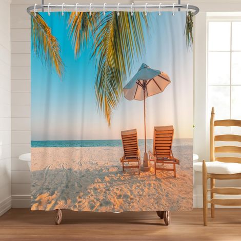180x220cm Rideau de Douche Lounge Coucher de Soleil Plage Motifs Scène Plage Coucher de Soleil Chaud Chaise Palmier Esthétique Vacances Côtières Détendue Tissu Polyester Imperméable Déco (1/5)