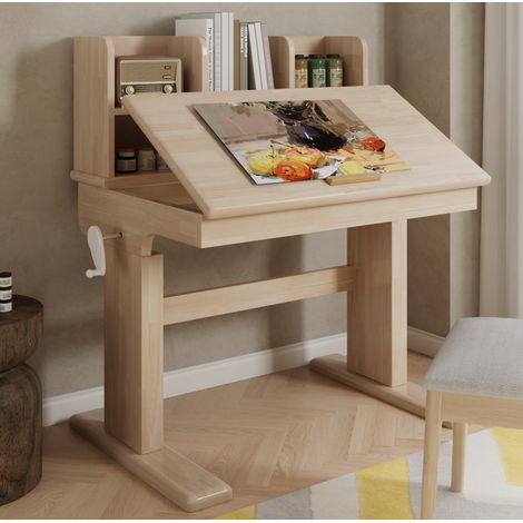 Kinderschreibtisch 92.2x60x89 cm natur aus Massivholz mit höhenverstellbarer Kurbel und neigbarer Tischplatte (1/5)