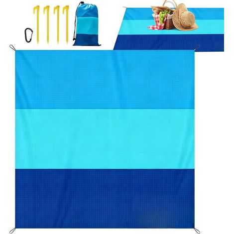 Grand tapis de pique-nique 210 x 200 cm - Tapis de plage déperlant, déperlant et portable avec chevilles et sac de rangement, bleu (1/5)