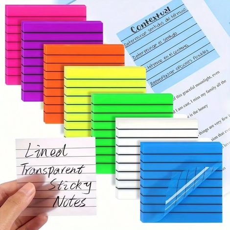 Lot de 7 notes autocollantes transparentes à lignes horizontales colorées, feuilles de notes indexables, inscriptibles et imperméables pour marquer les manuels scolaires (1/5)