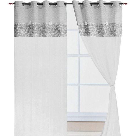 Tende Coppia Finestra Porta Interno Tessuto Shabby Chic Margherita Grigio - 140x290 cm
