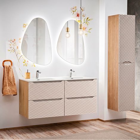 Doppelwaschtisch und Hängesäule 120cm Elora mit 4 Schubladen, Beige und Holzoptik (1/5)